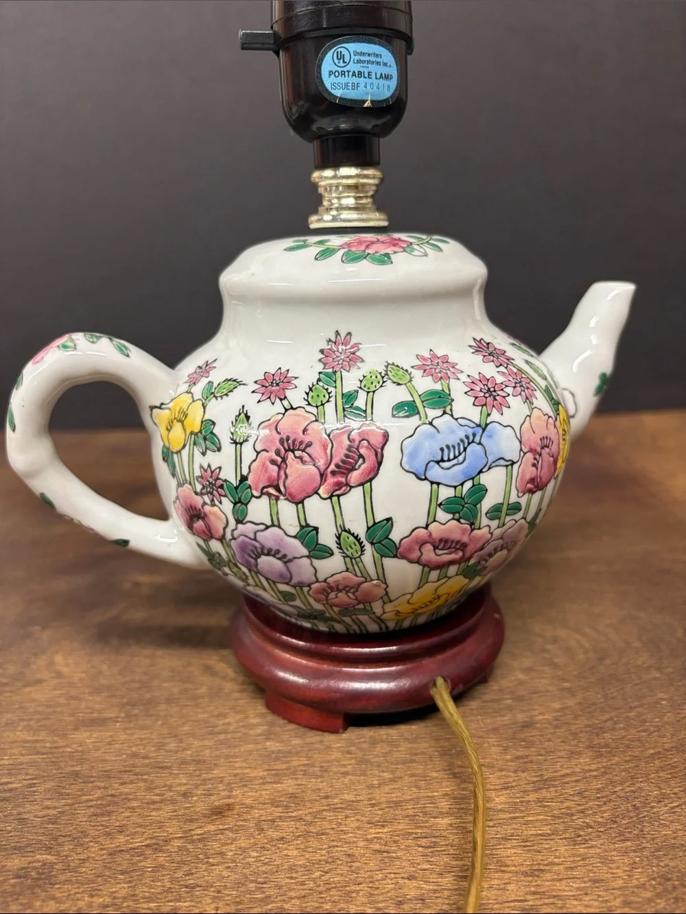 Floral Porcelain Teapot Lamp - Multicolor Poppy Pattern